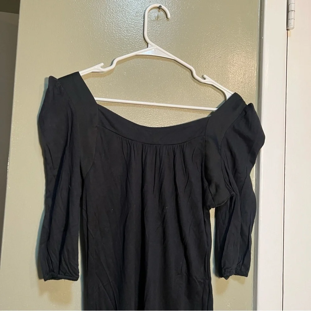 Loft Women's Size Small Square Neck Blouse Puff Sleeve Black Satin Trim Modal